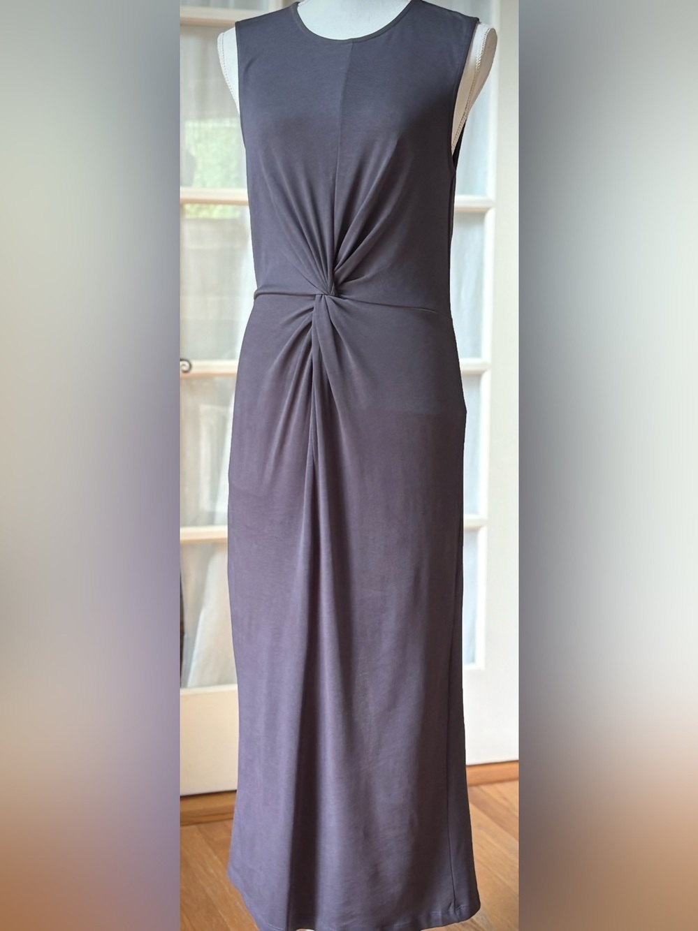Mango Twist Front Midi Dress Charcoal Gray Sleeveless Knit Size M